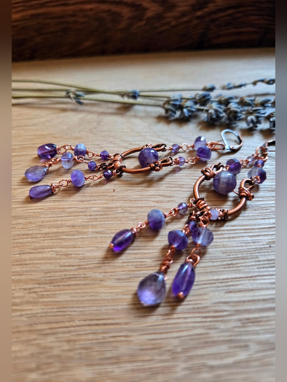 Natural Amethysts In Handcrafted Artisan Chandelier In Antique Copper Earrings - Picture 5 of 10